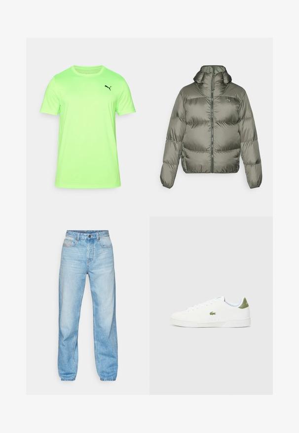 Chaqueta acolchada en verde oliva, con cuello alto, cierre de cremallera en la parte delantera y puños elásticos. Diseño ligeramente acolchado con un detalle de marca sutil.; Camiseta de manga corta verde neón fabricada en tejido transpirable, con un logo negro en el lado izquierdo del pecho y un cuello redondo.; Jeans de color azul claro hechos de mezclilla, con corte recto, diseño de cinco bolsillos y una cremallera visible con costuras en contraste.; Zapatillas blancas con una textura suave, que presentan un acento verde en el talón y un pequeño logo de cocodrilo bordado en el lateral.