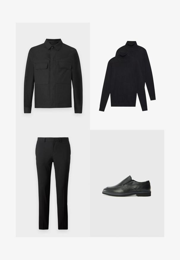 Černá bunda s límečkovým designem, dlouhými rukávy a dvěma náprsními kapsami. Vyrobeno z hladkého materiálu s jednobarevným vzorem a pečlivým šitím.; Dvoje černých pletených svetrů s dlouhým rukávem a rolákem, jednoduchý vzor, naskládány tak, že jeden je mírně za druhým na bílém pozadí.; Přizpůsobené černé kalhoty z hladkého materiálu. Mají rovný střih, přední sklady a poutka na opasek pro nastavení velikosti.; Černá kožená nazouvací bota s hladkým svrškem, prošívanými detaily, zaoblenou špičkou a nízkým gumovým podpatkem. Podešev má minimální vzorek.