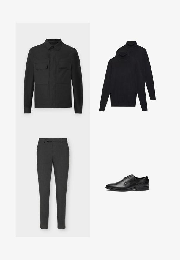 Veste noire avec un design à col, des manches longues et deux poches poitrine. Fabriquée en tissu lisse d'une couleur uniforme avec des coutures soignées.; Deux pulls turtleneck noirs à manches longues, en tricot uni, empilés avec un légèrement derrière l'autre sur un fond blanc.; Pantalons ajustés gris foncé en tissu texturé, dotés d'une fermeture par bouton et zipper, de passants de ceinture et d'une coupe slim.; Chaussure de ville en cuir noir avec une texture lisse, bout rond et un design à lacets à quatre œillets. Elle présente un talon bas empilé et des détails cousus.