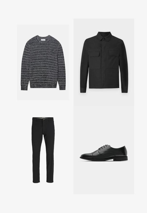 Melnā jaka ar apkakles dizainu, garām piedurknēm un divām krūšu kabatām. Izgatavota no gludas auduma ar vienkrāsainu toni un līniju šuvēm.; Adīts džemperis ar tumši pelēkām un baltām horizontālām svītrām, apaļu kakla izgriezumu, ribotām piedurknēm un apakšmalu. Mīksta tekstūra, regulāra piegriezuma.; Melnas kokvilnas maisījuma bikses ar šauru piegriezumu, ar pogu aizdari, kabatām un rullētām piedurknēm ikdienišķam izskatam.; Melnas ādas vadmalas kurpes ar noapaļotu purngalu, saistījuma dizains, smalkas izšuvumu detaļas un zema papēža. Gluda tekstūra ar spīdīgu apdari.