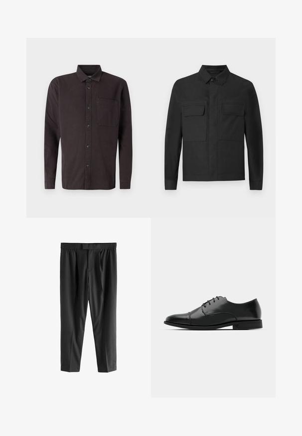 Melnā jaka ar apkakles dizainu, garām piedurknēm un divām krūšu kabatām. Izgatavota no gludas auduma ar vienkrāsainu toni un līniju šuvēm.; Tumši brūns garo piedurkņu krekls, izgatavots no kokvilnas, ar pogājamu apkakli, priekšējo kabatu un melnām pogām aizvēršanai.; Next REGULAR FIT -CHECK SMART - Chinos tipa bikses - black; Melnas ādas vadmalas kurpes ar noapaļotu purngalu, saistījuma dizains, smalkas izšuvumu detaļas un zema papēža. Gluda tekstūra ar spīdīgu apdari.