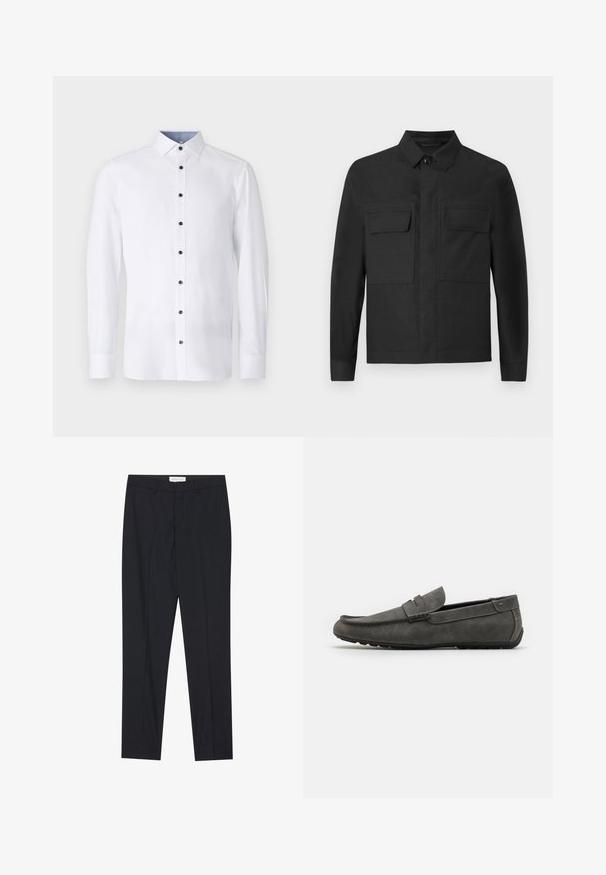 Veste noire avec un design à col, des manches longues et deux poches poitrine. Fabriquée en tissu lisse d'une couleur uniforme avec des coutures soignées.; Chemise blanche à manches longues avec un col classique, boutons noirs sur le devant, et détail intérieur de col bleu clair contrastant. Texture de tissu lisse.; Pantalons noirs ajustés avec un devant plat, coupe régulière, en tissu lisse, avec des plis pressés et des poches latérales.; Mocassin en daim gris avec un bout arrondi, des détails cousus et une semelle en caoutchouc plate. La chaussure a une texture lisse et une bande avant décorative.