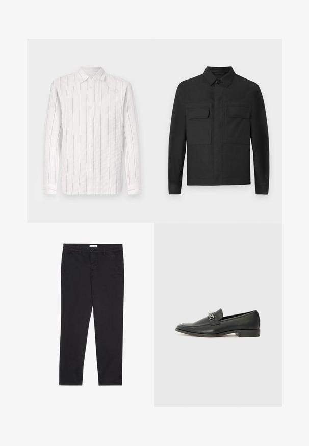 Casaco preto com um design de colarinho, mangas longas e dois bolsos no peito. Feito de um tecido suave com uma cor sólida e costuras bem feitas.; Camisa branca de botões feita de um tecido texturizado, com finas riscas verticais pretas, colarinho clássico e mangas longas com punhos abotoados.; Calças de algodão pretas com um corte justo, apresentando dois bolsos laterais e um fecho frontal com botão. Tecido texturizado com detalhes subtis.; Sapatilha de couro preta com um acabamento suave, apresentando um design cosido e um detalhe decorativo de corrente de metal atravessando o peito do pé. Salto baixo.