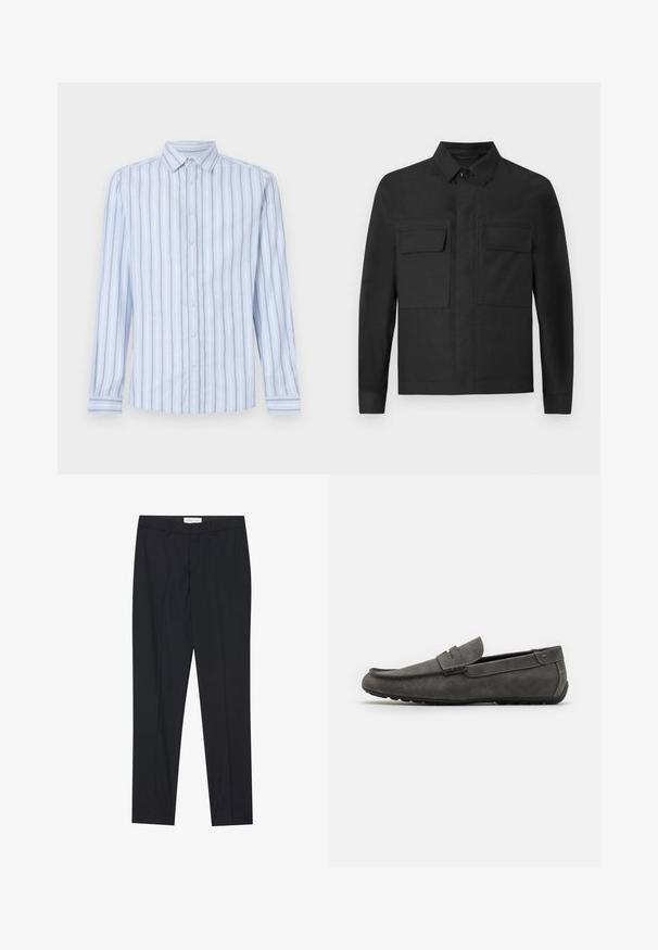 Casaco preto com um design de colarinho, mangas longas e dois bolsos no peito. Feito de um tecido suave com uma cor sólida e costuras bem feitas.; Camisa de manga longa azul clara com riscas verticais brancas e azul-marinho, colarinho com botões e fecho frontal com botões. Textura de tecido nítida.; Calças pretas ajustadas com frente plana, corte regular, feitas de tecido suave, com pregas prensadas e bolsos laterais.; Mocassim em camurça cinza com ponta arredondada, detalhes costurados e sola de borracha plana. O sapato apresenta uma textura lisa e uma faixa destacada na parte frontal.