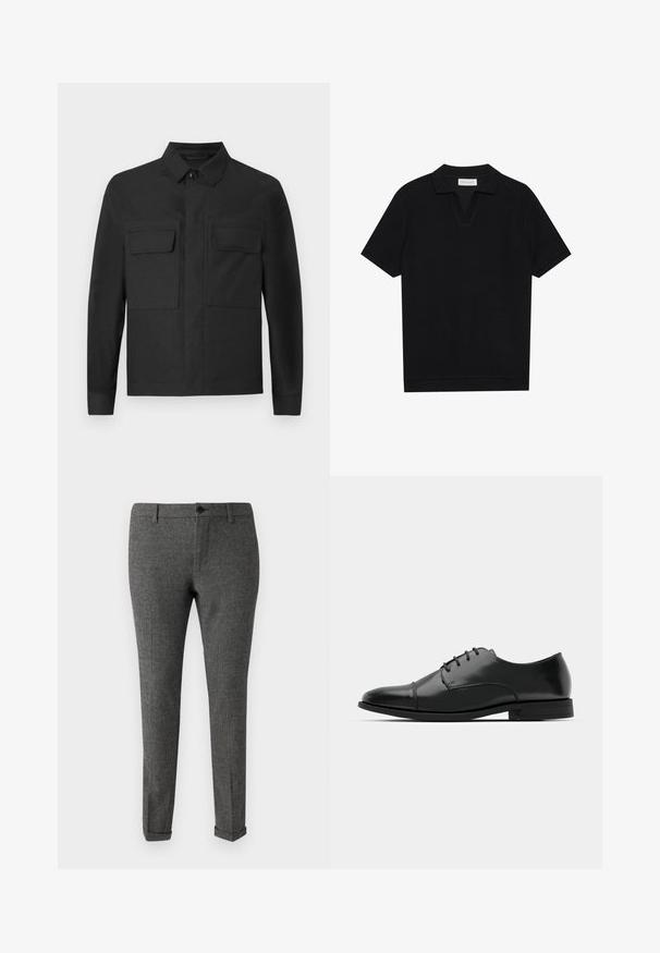 Crna jakna s ovratničkim dizajnom, dugim rukavima i dva džepa na prsima. Napravljena od glatkog materijala u jednobojnoj boji s urednim šavovima.; Crna polu-majica kratkih rukava s teksturiranim, rebrastim materijalom, s V-izrezom i ravnim rubom. Bez vidljivih logotipa ili uzoraka.; Sive karirane hlače od tkanine, s kopčanjem na dugme, petljama za remen i prevrnutim rubovima za dorađen izgled.; Crne kožne cipele s okruglim prstom, s vezanjem, suptilnim detaljima šivanja i niskim potplatima. Glatka tekstura s poliranim finišem.