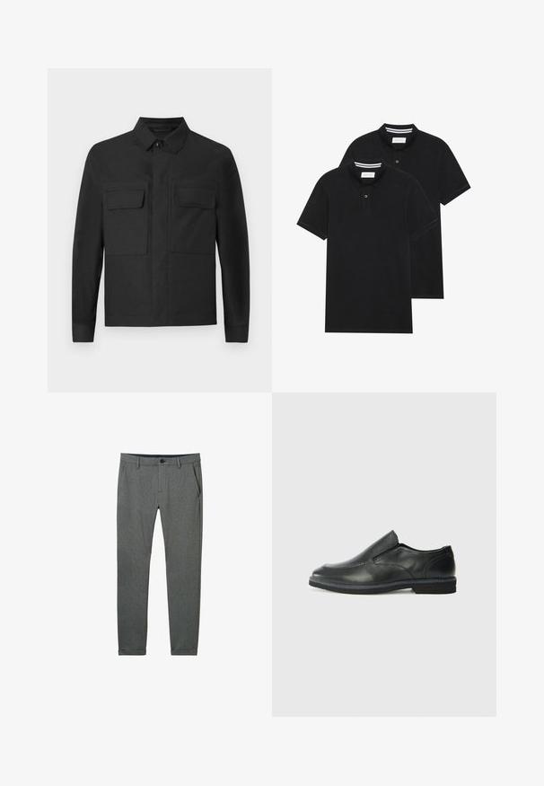 Crna jakna s ovratničkim dizajnom, dugim rukavima i dva džepa na prsima. Napravljena od glatkog materijala u jednobojnoj boji s urednim šavovima.; Dva crna polo majice, kratki rukavi, pamučni materijal, sa klasičnom ovratnikom, čepom sa dva gumba i bijelim prugastim detaljima unutar ovratnika.; Sive pripijene hlače od strukturirane tkanine, koje imaju bočne džepove, petlje za remen i jedan gumb za zatvaranje u struku.; Crne kožne cipele na sklapanje s glatkom gornjom površinom, prošivenim detaljima, zaobljenim vrhom i niskim gumene potplate. Potplat ima minimalne uzorke.