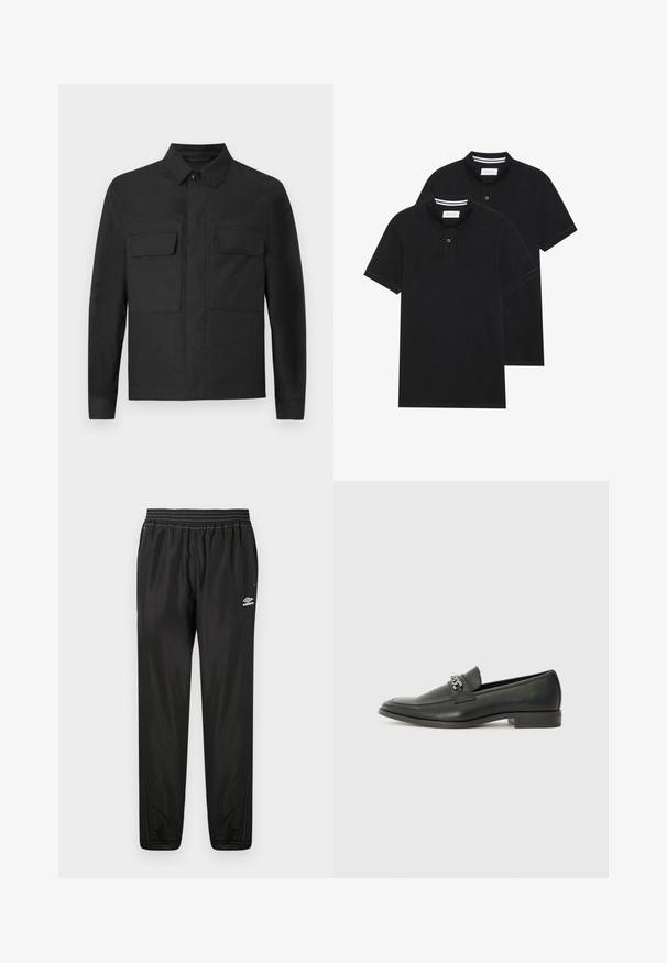 Svart jakke med krage-design, lange ermer og to brystlommer. Laget av et glatt stoff med ensfarget design og pent søm.; To svarte polo skjorter, kortermet, i bomullsmateriale, med krage i klassisk stil, to-knapps knappestolpe, og hvite striper inni kragen.; Sorte Umbro joggebukser med elastisk midje, sidelommer, tapered ben og logo på høyre lår mot en hvit bakgrunn.; Sorte skinnloafers med en glatt finish, og med en sydd design og en dekorativ metallkjedeakcent over foten. Flat hæl.