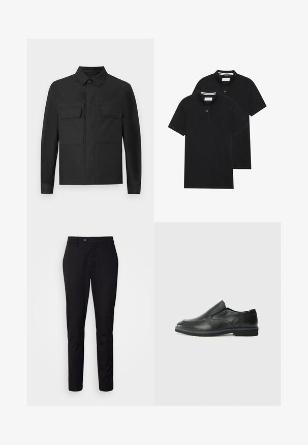 Melnā jaka ar apkakles dizainu, garām piedurknēm un divām krūšu kabatām. Izgatavota no gludas auduma ar vienkrāsainu toni un līniju šuvēm.; Divas melnas polo krekli, īsām piedurknēm, no kokvilnas materiāla, ar klasisku apkakli, divu pogu aizdari un balti svītroti akcenti apkakles iekšpusē.; Melni pielāgoti bikses, izgatavotas no gluda auduma, ar plakanu priekšpusi, pogu aizdari un sašaurinātiem kājiem bez redzamām rotājumiem.; Melnas ādas slip-on kurpes ar gludu augšdaļu, izšūtām akcentiem, noapaļotu purngala daļu un zemu gumijas papēdi. Zole ar minimālu rakstu.