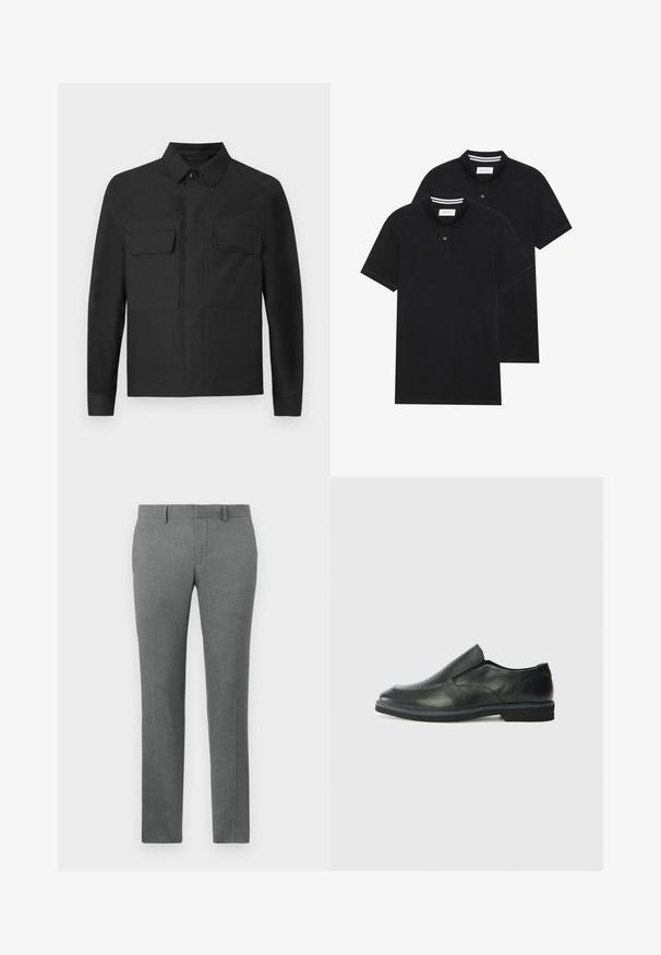 Casaco preto com um design de colarinho, mangas longas e dois bolsos no peito. Feito de um tecido suave com uma cor sólida e costuras bem feitas.; Duas camisetas polo pretas, de manga curta, em material de algodão, com colarinho clássico, abertura com dois botões e detalhes em riscas brancas no interior do colarinho.; Calças cinzentas sob medida com uma textura suave, design de perna reta, passantes para cinto e um padrão de espinha de peixe subtil por todo o tecido.; Sapato slip-on preto em pele com um upper liso, acabamentos cosidos, bico arredondado e um salto de borracha baixo. A sola apresenta um padrão de aderência mínimo.