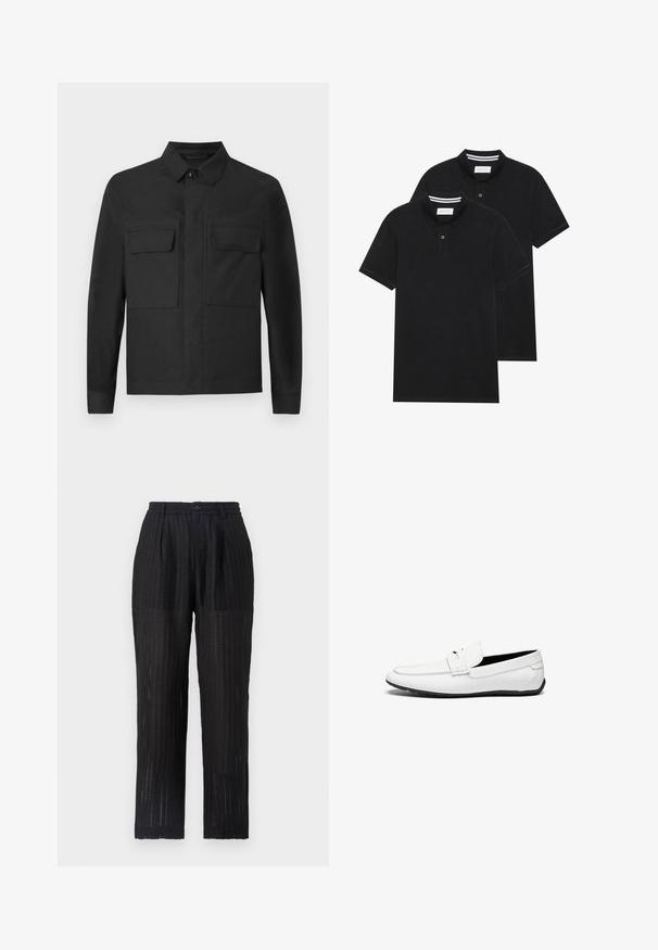 Svart jakke med krage-design, lange ermer og to brystlommer. Laget av et glatt stoff med ensfarget design og pent søm.; To svarte polo skjorter, kortermet, i bomullsmateriale, med krage i klassisk stil, to-knapps knappestolpe, og hvite striper inni kragen.; Svarte, plissert bukser med teksturert, mønstret stoff. Har elastisk midjebånd og knappelukking, rett ben design.; Hvite lær loafers med en glatt finish, som har en sydd detalj, en avrundet tå, og en svart gummisåle for godt grep.