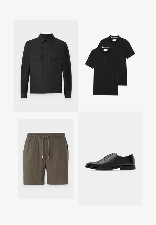 Juodas švarkas su apykakle, ilgomis rankovėmis ir dviem krūtinės kišenėmis. Pagamintas iš lygaus audinio su vienoda spalva ir tvarkingais siūlais.; Du žaidimų juodos polo marškiniai, trumpomis rankovėmis, pagaminti iš medvilnės, su klasikinėmis apykaklėmis, dviem mygtukais priekyje ir baltais dryžiais apykaklės viduje.; Tamsiai žali šortai su elastinga juosmeniu, raišteliu ir lygiu, lengvu audiniu. Nėra matomų kišenių ar raštų.; Juodas odinis džinsinis batų modelis su apvaliu galiuku, raišteliu ir subtiliomis siūlėmis, taip pat žemu kulnu. Lygus pavirčius su blizgiu apdaila.