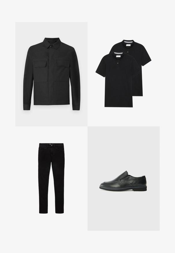Black jacket with a collared design, long sleeves, and two chest pockets. Made from a smooth fabric with a solid color and neat stitching.; Two black polo shirts, short-sleeved, cotton material, featuring a classic collar, two-button placket, and white striped accents inside the collar.; Black jeans made of denim, featuring a slim fit design, five pockets, and a button closure. Smooth texture and minimal stitching details.; Black leather slip-on shoe with a smooth upper, stitched accents, rounded toe, and a low rubber heel. Sole features minimal tread.