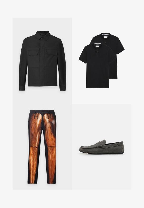 Svart jakke med krage-design, lange ermer og to brystlommer. Laget av et glatt stoff med ensfarget design og pent søm.; To svarte polo skjorter, kortermet, i bomullsmateriale, med krage i klassisk stil, to-knapps knappestolpe, og hvite striper inni kragen.; Sorte bukser med et grafisk print af træben, med en glat tekstur og en kontrastfyldt shiny overflade på en mat baggrund.; Grå semsket mokasiner med rund tå, stikt detailing og flat gummisåle. Skoen har en glatt tekstur og et frontbåndsdetalj.