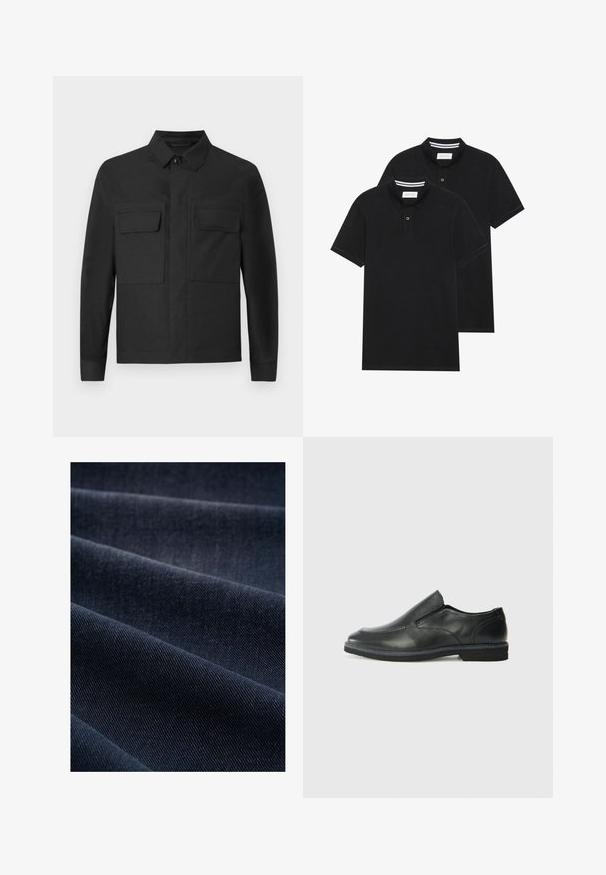 Czarna kurtka z kołnierzem, długimi rękawami i dwiema kieszeniami na piersi. Wykonana z gładkiego materiału w jednolitym kolorze z starannym szyciem.; Dwie czarne koszulki polo z krótkim rękawem, wykonane z materiału bawełnianego, z klasycznym kołnierzykiem, z zapięciem na dwa guziki oraz białymi paskami wewnątrz kołnierza.; Ciemnoniebieska dżinsowa tkanina o żebrowej fakturze, ukazująca zagięcia i fale, podkreślająca swoją wagę i trwałość.; Czarne skórzane buty wsuwane z gładką cholewką, przeszyciami, okrągłym noskiem i niskim gumowym obcasem. Podeszwa ma minimalny bieżnik.