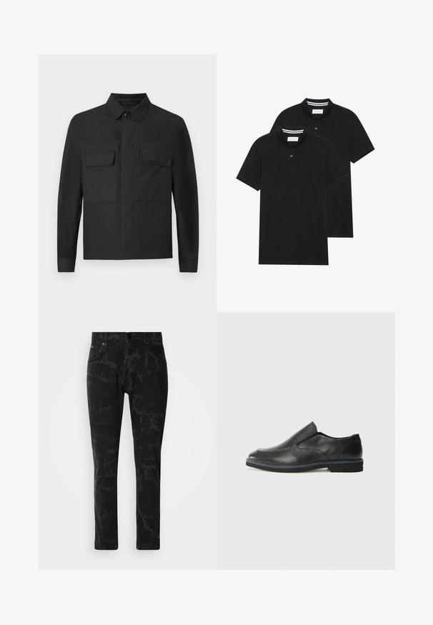Casaco preto com um design de colarinho, mangas longas e dois bolsos no peito. Feito de um tecido suave com uma cor sólida e costuras bem feitas.; Duas camisetas polo pretas, de manga curta, em material de algodão, com colarinho clássico, abertura com dois botões e detalhes em riscas brancas no interior do colarinho.; Jeans de ganga pretos com um padrão marmoreado, design de perna reta, estilo de cinco bolsos e fecho de botão na cintura.; Sapato slip-on preto em pele com um upper liso, acabamentos cosidos, bico arredondado e um salto de borracha baixo. A sola apresenta um padrão de aderência mínimo.