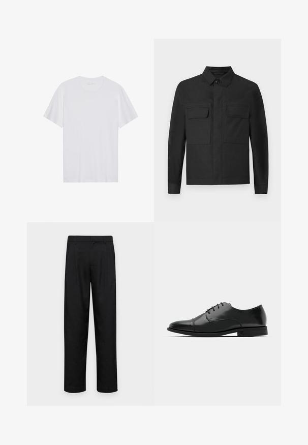 Melnā jaka ar apkakles dizainu, garām piedurknēm un divām krūšu kabatām. Izgatavota no gludas auduma ar vienkrāsainu toni un līniju šuvēm.; Baltas kokvilnas T-krekls ar īsām piedurknēm, apaļu kakla izgriezumu un gludu tekstūru. Tam ir minimāls zīmols kakla izgriezumā.; Melnas bikses, izgatavotas no gludas auduma, ar taisnu kāju dizainu, divām priekšējām krokām un standarta jostu, kurai ir āķi.; Melnas ādas vadmalas kurpes ar noapaļotu purngalu, saistījuma dizains, smalkas izšuvumu detaļas un zema papēža. Gluda tekstūra ar spīdīgu apdari.