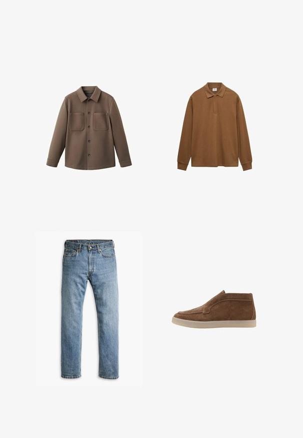 Rjava jakna z gumbi, dolgimi rokavi, dvema žepoma na prsih in s koničastim ovratnikom, prikazana na beli podlagi.; Rjav dolg rokav polo majica iz bombaža, ki ima ovratnik, gumbno zapiranje in rebraste manšete; gladka tekstura in sproščen kroj.; Modre jeans hlače ravnega kroja s petimi žepi, zanke za pas in kovinsko zapiranje na belem ozadju.; Rjave nobuk gležnjarji z gladko teksturo, okroglo konico in elastičnima stranicama. Svetlo obarvan gumen podplat in detajli šivanja.