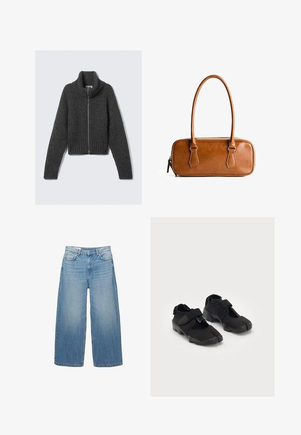 Brunternet blazer lavet af struktureret stof, med kalkunlapel, to frontlommer og to sorte knapper som lukning.; Mørkegrå grøvere strikket zip-sweater med høj krave og lange ærmer, liggende fladt mod en lys baggrund.; PULL&BEAR Top - white; Lys blå brede jeans lavet af denim, med et klassisk fem-lomme design og en knaplukning. Har en falmet struktur over det hele.; Sorte vandsko lavet af fleksibelt stof med en velcrorem, der har et unikt split-tå design og en tekstureret gummisål for bedre greb.; Brun læderhåndtaske med to lange håndtag, rektangulær form, glat overflade, lynlås-lukning og hardware accenter i sølvfarve.