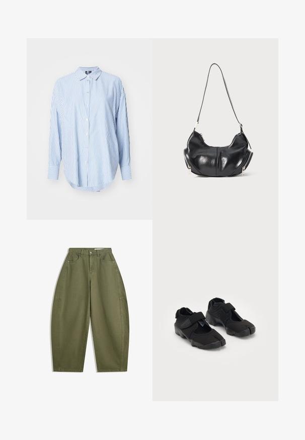 Hnědý kostkovaný blejzr vyrobený z texturované látky, s klopovým límcem, dvěma předními kapsami a dvěma černými knoflíky jako zapínáním.; Tmavě šedý vlněný svetr, kulatý výstřih, dlouhé rukávy, mírně zkrácený lem, měkká textura, minimalistický design, bez viditelných vzorů nebo kovových doplňků.; Modrá a bílá pruhovaná košile s límečkem na knoflíky, dlouhými rukávy a volným střihem. Vyrobena z lehkého materiálu, má přední knoflíky.; Olivově zelené široké kalhoty z bavlny s vysokým pasem, předními kapsami a hladkou texturou. Bez ozdob nebo vzorů.; Černé vodní boty vyrobené z pružné tkaniny s suchým zipem, s jedinečným designem rozděleného prstu a texturovanou gumovou podrážkou pro lepší přilnavost.; Černá kožená taška ve tvaru půlměsíce s stříbrnými zipy po obou stranách a jedním popruhem.