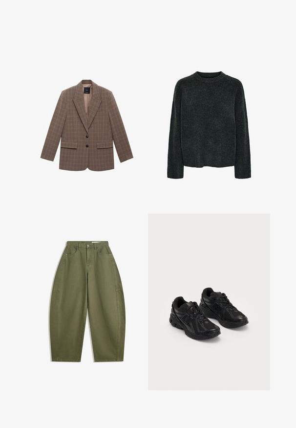 Brązowa marynarka w kratę, wykonana z teksturowanej tkaniny, z klapami na wyłogach, dwoma przednimi kieszeniami i zapięciem na dwa czarne guziki.; Ciemnoszary wełniany sweter, z okrągłym dekoltem, długimi rękawami, lekko skróconym dołem, miękka faktura, minimalistyczny design, brak widocznych wzorów i ozdób.; Biała krótka koszulka z długim rękawem, wykonana z miękkiego materiału, ma okrągły dekolt i luźny krój z mankietami. Prosty i schludny design.; Oliwkowe spodnie o szerokich nogawkach wykonane z bawełny, z wysokim stanem, przednimi kieszeniami i gładką teksturą. Bez zdobień ani wzorów.; Czarne buty sportowe wykonane z siateczki i materiałów syntetycznych. Posiadają amortyzowaną podeszwę, teksturowane wzory oraz wytłoczone logo po boku.