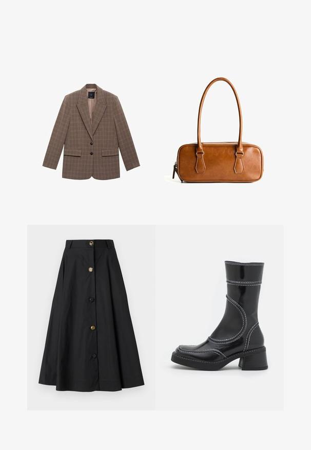 Bordeaux kvadratni blejzer, izdelan iz teksturirane tkanine, z izrezanim ovratnikom, dvema sprednjima žepoma in dvema črnima gumboma za zapiranje.; Svetlo siva kapuca narejena iz mehkega blaga, ki ima sprednji kenguru žep, nastavljivo kapuco ter rebraste manšete in obroč.; Črna midi krila, ki ima visok pas, širok kroj in štiri gumbe v različnih barvah (črna, zlat, rjav). Gladek tekstilni vzorec.; Črne lakirane gležnjarje z belim šivom, okroglo konico in blok peto. Imajo ukrivljene oblikovne črte in gladko teksturo.; Brahno usnjeni ročni torbica z dvema dolgima ročkama, pravokotne oblike, gladke teksture, z zadrgo in srebrnimi kovinskimi dodatki.