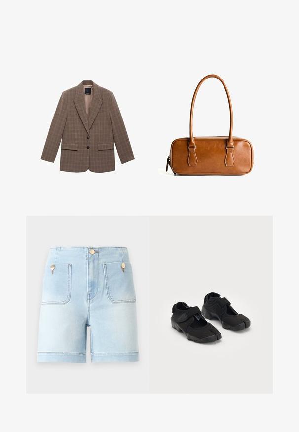 Smeđi karirani blejzer napravljen od teksturirane tkanine, sa reverima, dva prednja džepa i dva crna dugmeta za zatvaranje.; Svijetlosiva dukserica napravljena od mekanog materijala, s prednjim kangaroo džepom, prilagodljivom kapuljačom i rebrastim manžetama i donjim rubom.; Svijetloplave traper kratke hlače s visokim strukom, s dva prednja džepa, zlatnim detaljima i čistim rubom.; Crne vodene cipele od fleksibilnog materijala s čičak trakama, s jedinstvenim dizajnom razdvojenog prsta i teksturiranom gumenom potplatom za bolje prianjanje.; Smeđa kožna torba s dva dugačka ručka, pravokutnog oblika, glatke teksture, zatvaranje na patentni zatvarač i akcenti od srebrnog tona.