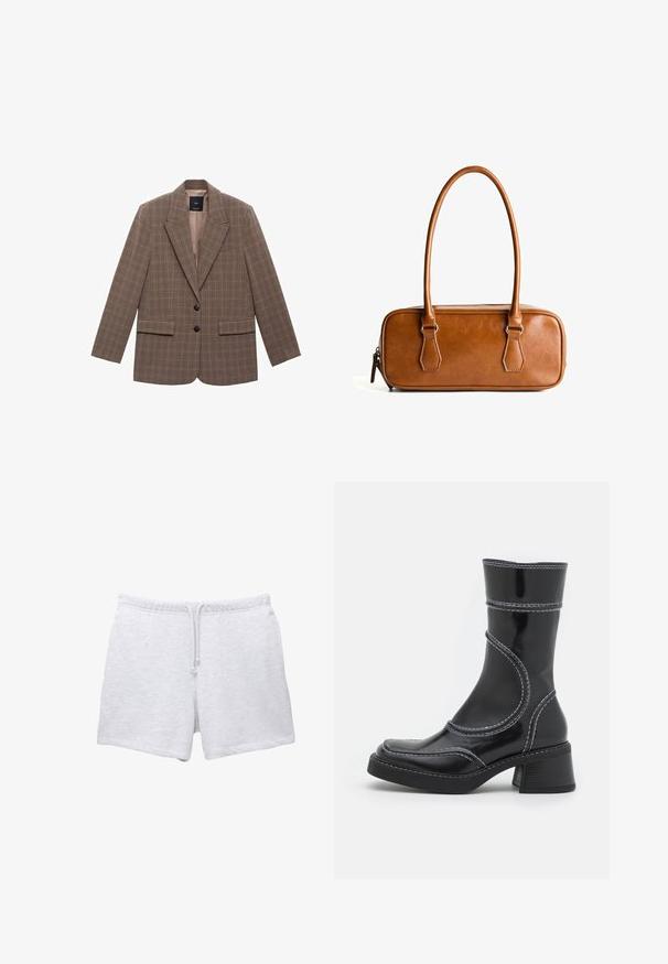 Bordeaux kvadratni blejzer, izdelan iz teksturirane tkanine, z izrezanim ovratnikom, dvema sprednjima žepoma in dvema črnima gumboma za zapiranje.; Svetlo siva kapuca narejena iz mehkega blaga, ki ima sprednji kenguru žep, nastavljivo kapuco ter rebraste manšete in obroč.; Svetlo sivi kratki hlače iz bombaža z elastičnim pasom in vrvico. Imajo mehko teksturo in raven kroj brez vidnih vzorcev.; Črne lakirane gležnjarje z belim šivom, okroglo konico in blok peto. Imajo ukrivljene oblikovne črte in gladko teksturo.; Brahno usnjeni ročni torbica z dvema dolgima ročkama, pravokotne oblike, gladke teksture, z zadrgo in srebrnimi kovinskimi dodatki.