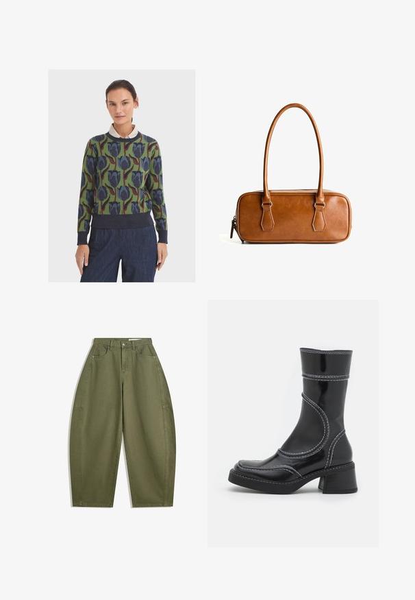Brun rutigt blazer tillverkat av textil med struktur, med slagkrage, två framfickor och två svarta knappar som stängning.; Stickad tröja med grön bas, prydd med ett blommönster i blått och vinrött. Ribbad rund hals och muddar, tillsammans med midjeband i marinblått.; Olivgröna vida byxor i bomull med hög midja, framfickor och en slät yta. Inga dekorationer eller mönster.; Svart lackläder ankelboot med vit sömnad, rund tå och blockklack. Har böjda designlinjer och en slät textur.; Brun läderhandväska med två långa handtag, rektangulär form, slät yta, dragkedjestängning och detaljer i silverfärgad metall.