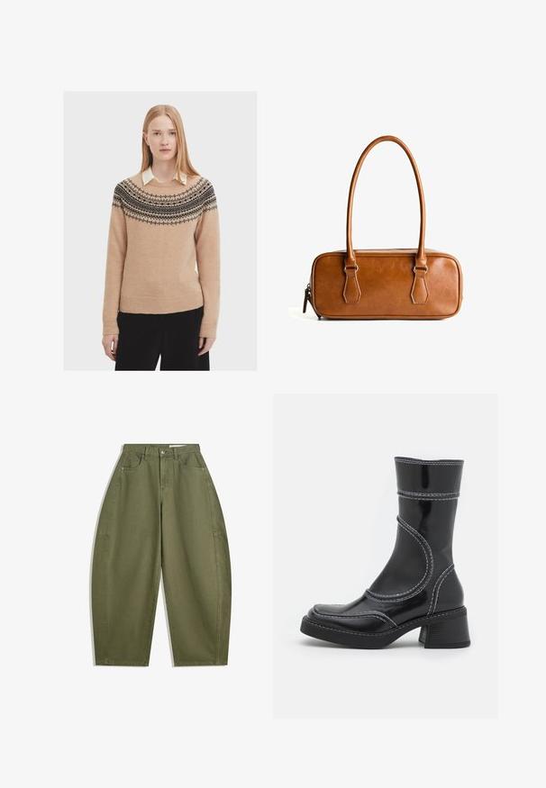 Hnědý kostkovaný blejzr vyrobený z texturované látky, s klopovým límcem, dvěma předními kapsami a dvěma černými knoflíky jako zapínáním.; Beige pletený svetr s kulatým výstřihem, zdobený černým vzorovaným lemem. Měkká textura a žebrované manžety a lem.; Olivově zelené široké kalhoty z bavlny s vysokým pasem, předními kapsami a hladkou texturou. Bez ozdob nebo vzorů.; Černé lakované kotníkové boty s bílým prošíváním, kulatou špičkou a blokovým podpatkem. Charakteryzují se zakřivenými designovými liniemi a hladkým povrchem.; Hnědá kožená kabelka s dvěma dlouhými uchy, obdélníkového tvaru, hladkého povrchu, zipovým uzávěrem a akcenty z stříbrného tónu.