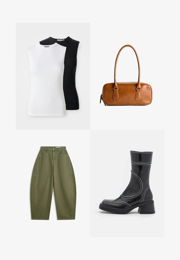 Brown plaid blazer made from textured fabric, featuring a notched lapel, two front pockets, and two black buttons as closure.; Two sleeveless ribbed tops in white and black. Features a high neckline and a fitted design. Fabric is soft and stretchy. Brand label visible.; Olive green wide-leg pants made of cotton, featuring a high waist, front pockets, and a smooth texture. No embellishments or patterns.; Black patent leather ankle boot with white stitching, rounded toe, and block heel. Features curved design lines and a smooth texture.; Brown leather handbag with two long handles, rectangular shape, smooth texture, zip closure, and silver-tone hardware accents.