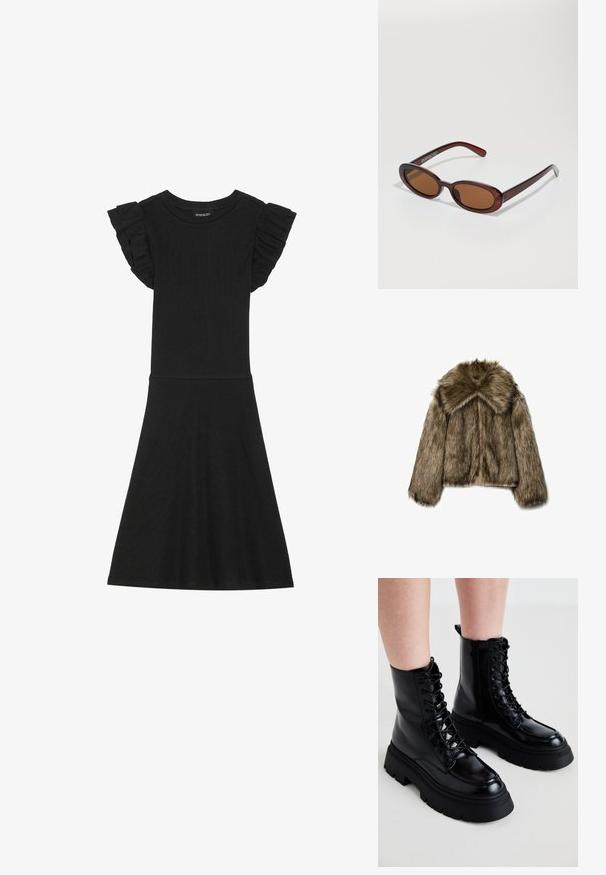 Faux-Fur-Jacke in Brauntönen, mit weitem Kragen, langen Ärmeln und Reißverschluss. Die Textur ist flauschig und hat ein weiches, luxuriöses Aussehen.; Schwarzes geripptes Kleid mit kurzen Rüschensäumen und einem taillierten Oberteil, das von der Taille bis zur Kniehöhe ausgestellt ist und einen runden Ausschnitt hat.; Schwarze Lederknöchelstiefel mit einer kräftigen Sohle, Schnürung vorne und seitlichem Reißverschluss; besitzen ein glattes Finish und eine erhöhte Zehenkappe.; Runde, braun getönte Sonnenbrillen mit einem glänzenden burgunderfarbenen Rahmen. Schlanke Bügel mit dezentem Branding. Flaches Linsendesign.