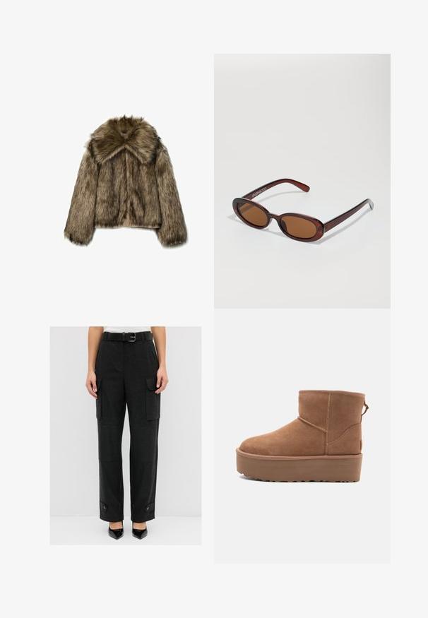 Béžová koženka s hnědými tóny, širokým límcem, dlouhými rukávy a zipem. Textura je huňatá s jemným, luxusním vzhledem.; Bílý krátký rukáv tričko vyrobené z bavlny. Má kulatý výstřih a volný střih. Hladký materiál bez viditelných vzorů nebo akcentů.; Černé cargo kalhoty s rovného střihu, vybavené bočními kapsami, pásem a knoflíkovými detaily na manžetách. Hladká textura látky.; Hnědé semišové kotníkové boty s platformou, zaoblenou špičkou a prošíváním; mají poutko vzadu pro snadné obouvání.; Kulaté sluneční brýle hnědé barvy s lesklým burgundským rámem. Úzké nožičky s jemným logem. Rovné čočky.; Hnědá kabelka přes rameno z umělé kůže s zakřiveným tvarem, minimálním prošíváním a zlatým kovovým akcentem. Disponuje vrchním zipovým uzavíráním a nastavitelným popruhem.