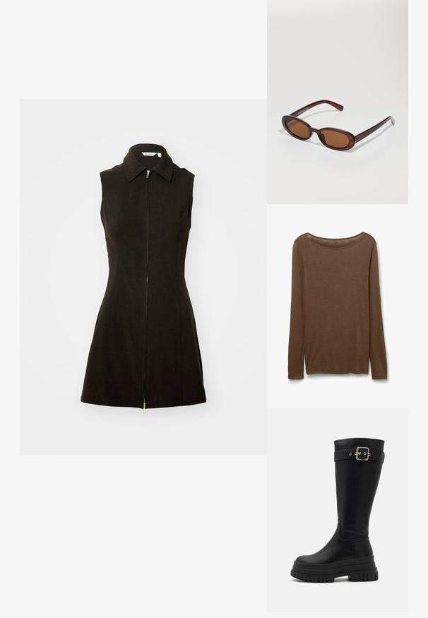 Faux fur jacket in brown tones, featuring a wide collar, long sleeves, and zip closure. The texture is fluffy with a soft, luxurious appearance.; Brown long-sleeve shirt made of soft fabric, featuring a scoop neckline and straight cut with side slits at the hem for ease.; Black sleeveless dress featuring a collared neckline and front zipper closure, made of smooth fabric with a fitted silhouette and flared hem.; Black knee-high boots made of smooth leather with a chunky rubber sole and a metal buckle accent on the upper strap.; Round, brown-tinted sunglasses with a glossy burgundy frame. Slim arms with subtle branding detail. Flat lens design.