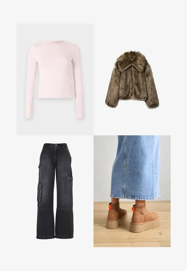 Béžová koženka s hnědými tóny, širokým límcem, dlouhými rukávy a zipem. Textura je huňatá s jemným, luxusním vzhledem.; Světle růžové dlouhý rukáv s kulatým výstřihem, přiléhavý top se střiženým lemem, zobrazený na běžném bílém pozadí.; Černé cargo kalhoty z denimu, s širokými nohavicemi, několika bočními kapsami a přiléhavým pasem s předním knoflíkovým zapínáním.; Hnědé semišové platformové boty s elastickými bočními panely a oranžovými poutky, spárované s sukní z jasného denimu ke kolenům na dřevěné podlaze.