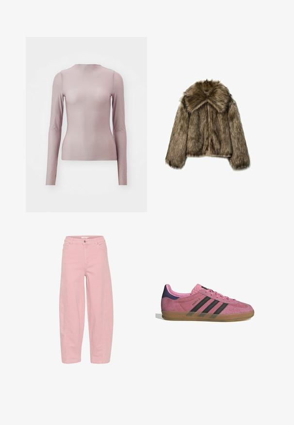 Faux fur jakke i brune nuancer, med en bred krave, lange ærmer og lynlås. Teksturen er fluffy med et blødt, luksuriøst udseende.; Langærmet top i lys mauve, lavet af gennemsigtigt stof med en tætsiddende silhuet. Har en rund halsudskæring og glat tekstur.; Lyserøde denim wide-leg jeans med høj talje, frontknaplukning og to sidelommer. Har stikninger langs sømmene.; Lyserøde ruskinds sneakers med sorte striber, gummisål og struktureret lilla hæl. Har snøredesign og præget branding på siden.