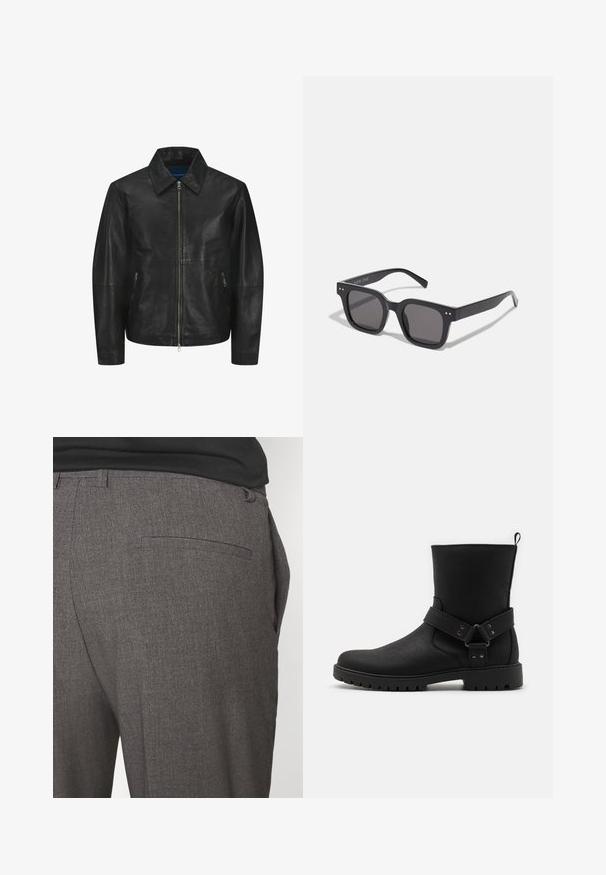 Chaqueta de cuero negra con una textura suave, cuello con solapa, cremallera frontal y dos bolsillos laterales con cremallera. Diseño simple y estructurado.; Suéter de punto rojo con cuello redondo, puños y bajo acanalados, que presenta una tela texturizada. La silueta es relajada y de corte oversize.; Camisetas de cuello redondo en blanco y negro, de manga corta, hechas de tela de algodón, con textura suave, y con una marca en el escote.; Pantalones grises ajustados con una textura suave, que cuentan con un bolsillo trasero y un diseño slim fit. La tela tiene un patrón sutil.; Botas negras de tobillo con parte superior de cuero texturizado, que cuentan con una correa lateral con adornos metálicos y una suela de goma con tacos para mayor tracción.; Gafas de sol rectangulares negras con lentes oscuros, que presentan un marco grueso, acentos sutiles en los lados y sin logotipos visibles más allá del nombre de la marca.; Bolsa de lona en un color beige claro con dos asas resistentes, ribete blanco en contraste y el logo "THE NORTH FACE" en negro en la parte frontal.