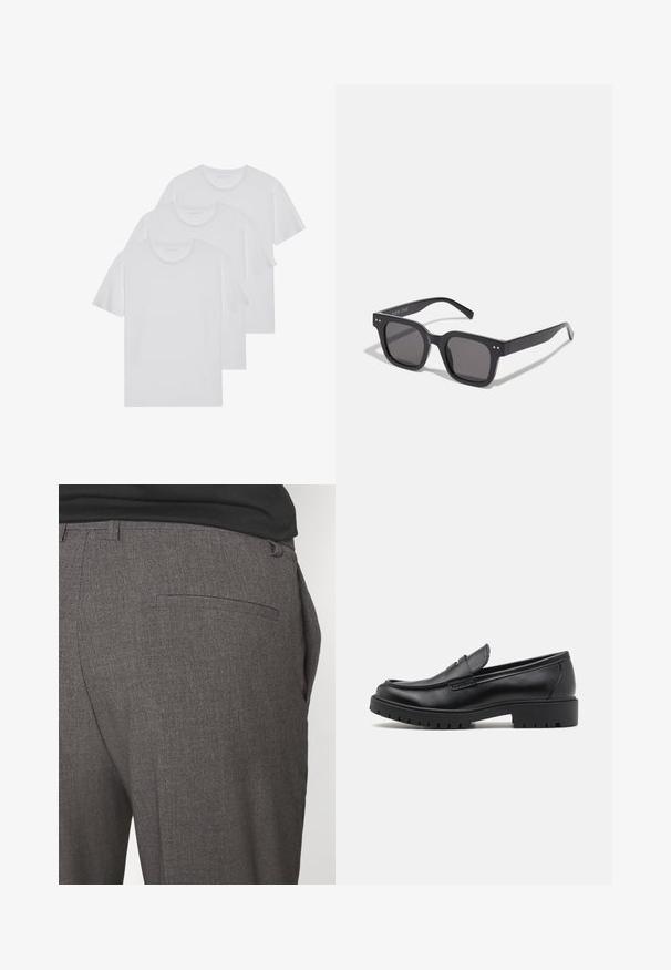 Czarna skórzana kurtka o gładkiej fakturze, z kołnierzem, z przodem na zamek błyskawiczny oraz dwoma bocznymi kieszeniami na zamek. Prosty, zorganizowany design.; Czerwony sweter z dzianiny z okrągłym dekoltem, z prążkowanymi mankietami i dołem, charakteryzujący się teksturowanym materiałem. Sylwetka jest luźna i oversize.; Trzy białe T-shirty wykonane z miękkiej bawełny, z krótkimi rękawami i okrągłym dekoltem, starannie ułożone w stos, z minimalnymi detalami ściegów.; Szare dopasowane spodnie o gładkiej strukturze, z pojedynczą kieszenią z tyłu i slim fit. Tkanina ma subtelny wzór.; Czarne skórzane mokasyny z okrągłym nosałem, wsuwanym fasonem i grubą gumową podeszwą z teksturowanym uchwytem. Podwyższona pięta i subtelne detale przeszycia.; Czarne prostokątne okulary przeciwsłoneczne z ciemnymi soczewkami, charakteryzujące się grubą oprawką, subtelnymi akcentami po bokach i brakiem widocznych logo poza nazwą marki.; Torba tote z płótna w jasnym beżu z dwoma solidnymi uchwytami, kontrastującym białym wykończeniem oraz logo "THE NORTH FACE" w czerni z przodu.