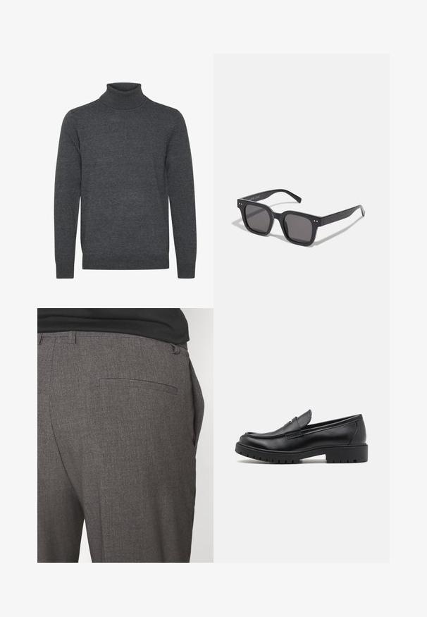 Musta nahkatakki, jossa on sileä pinta, kauluksellinen kaula-aukko, etujakaja ja kaksi sivussa olevaa vetoketjullista taskua. Yksinkertainen, rakenteellinen muotoilu.; Harmaa merinovillaneule, joka on valmistettu pehmeästä neulekankaasta. Hihansuut ja kaulus ovat ribattuja, ja siinä on pitkät hihat sekä yksinkertainen, koristamaton muotoilu.; Mustat ja valkoiset crew-neck t-paidat, lyhyet hihat, valmistettu puuvillakankaasta, sileä pinta, jossa brändäys kaula-aukossa.; Harmaat räätälöidyt housut, joissa on sileä pinta, yhden takataskun ja slim fit -muotoilu. Kankaassa on hienovarainen kuvio.; Mustat nahkakengät, joissa on pyöreä varvas, kenkien helposti liukuvat mallit ja paksu kumipohja, jossa on teksturoitu pito. Korotettu kanta ja hillityt ompeluyksityiskohdat.; Mustat suorakulmaiset aurinkolasit tummilla linsseillä, joissa on paksu kehys, hienovaraiset yksityiskohdat sivuilla, eikä näkyviä logoja brändin nimen lisäksi.; Kankaan kantokassi vaaleassa beigevärissä, jossa on kaksi tukevata kahvaa, kontrastivalkoinen reunus ja logo "THE NORTH FACE" mustalla etupuolella.