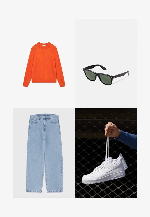 Jachetă din piele neagră cu un aspect neted, guler, fermoar frontal și două buzunare laterale cu fermoar. Design simplu și structurat.; Pulover portocaliu dintr-un material moale, cu guler și tiv cu dantelă, cu mâneci lungi și o croială lejeră. Fără modele sau embellishments.; Jeans din denim de culoare albastru deschis, cu un design cu picioare drepte, având talie medie, cinci buzunare și un sistem de închidere cu nasture și fermoar.; Adidași albaștri din piele cu perforații, vârf rotund, talpă plată și șireturi groase, cu un logo swoosh vizibil și cu inscripția "AIR" pe toc.; Ochelari de soare din plastic negru cu lentile verzi, rame pătrate, accent argintiu pe sprânceană și brațe texturate. Marca este menționată pe brațul interior.