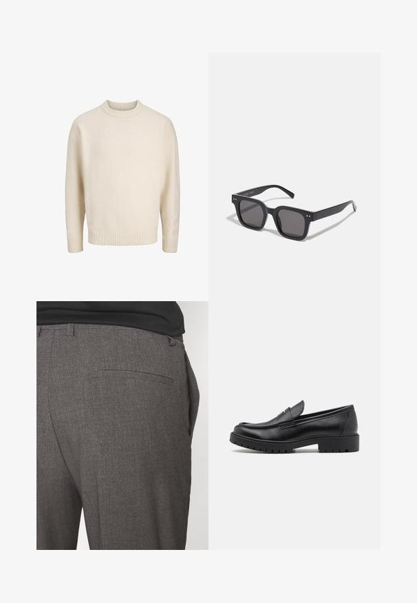 Black leather jacket with a smooth texture, collared neckline, front zipper, and two side zippered pockets. Simple, structured design.; Cream cotton-blend sweater with a ribbed crew neckline, dropped shoulders, and ribbed cuffs and hem. Soft texture with a relaxed fit.; Black and white crew-neck t-shirts, short sleeves, made from cotton fabric, smooth texture, featuring branding on the neckline.; Gray tailored trousers with a smooth texture, featuring a single back pocket and a slim fit design. Fabric has a subtle pattern.; Black leather loafers with a rounded toe, slip-on design, and thick rubber sole featuring a textured grip. Elevated heel and subtle stitching details.; Black rectangular sunglasses with dark lenses, featuring a thick frame, subtle accents on the sides, and no visible logos beyond the brand name.; Canvas tote bag in light beige with two sturdy handles, contrasting white trim, and logo "THE NORTH FACE" in black at the front.