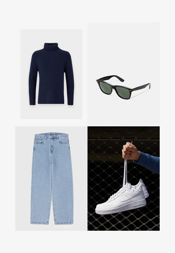 Schwarze Lederjacke mit glatter Textur, Kragen, Front-Reißverschluss und zwei seitlichen Reißverschlusstaschen. Einfaches, strukturiertes Design.; Dunkelblauer Rollkragenpullover aus geripptem Strickstoff. Mit langen Ärmeln und einem taillierten Kragen. Glatte Textur, minimale Verzierungen.; Hellblaue Jeans aus Denim mit geradem Bein, ausgestattet mit einer mittelhohen Taille, fünf Taschen sowie einem Knopf- und Reißverschluss.; Weiße Leder-Sneaker mit Perforationen, runder Zehenpartie, flacher Sohle und dicken Schnürsenkeln, mit sichtbar eingesticktem Swoosh-Logo und "AIR" an der Ferse.; Schwarze Plastiksonnenbrille mit grünen Gläsern, quadratischen Rahmen, silbernem Akzent auf der Augenbraue und strukturierten Bügeln. Angegebene Marke auf dem inneren Bügel.