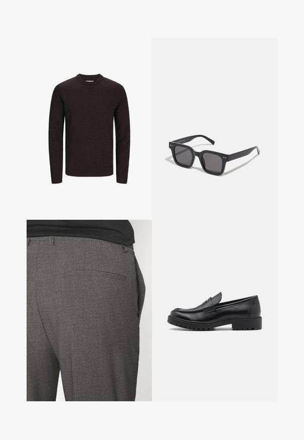 Czarna skórzana kurtka o gładkiej fakturze, z kołnierzem, z przodem na zamek błyskawiczny oraz dwoma bocznymi kieszeniami na zamek. Prosty, zorganizowany design.; Brązowy sweter z okrągłym dekoltem, wykonany z miękkiej dzianiny. Posiada długie rękawy oraz ściągacze na dole i przy mankietach dla dobrego dopasowania. Prosty, jednolity kolor.; Czarno-białe t-shirty z okrągłym dekoltem, krótki rękaw, wykonane z bawełnianej tkaniny, gładka tekstura, z logo na dekolcie.; Szare dopasowane spodnie o gładkiej strukturze, z pojedynczą kieszenią z tyłu i slim fit. Tkanina ma subtelny wzór.; Czarne skórzane mokasyny z okrągłym nosałem, wsuwanym fasonem i grubą gumową podeszwą z teksturowanym uchwytem. Podwyższona pięta i subtelne detale przeszycia.; Czarne prostokątne okulary przeciwsłoneczne z ciemnymi soczewkami, charakteryzujące się grubą oprawką, subtelnymi akcentami po bokach i brakiem widocznych logo poza nazwą marki.; Torba tote z płótna w jasnym beżu z dwoma solidnymi uchwytami, kontrastującym białym wykończeniem oraz logo "THE NORTH FACE" w czerni z przodu.