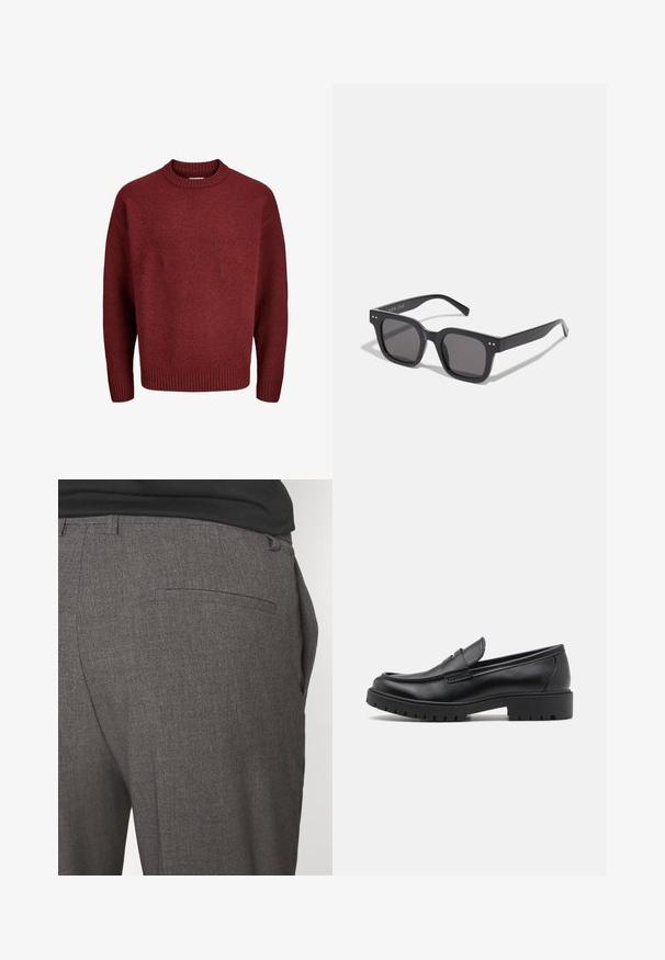 Zwarte leren jack met een gladde textuur, met kraag, een ritssluiting aan de voorkant en twee zijzakken met rits. Eenvoudig, gestructureerd ontwerp.; Rode gebreide trui met een ronde hals, geribbelde manchetten en zoom, met een gestructureerde stof. De snit is ontspannen en oversized.; Zwart-witte crewneck t-shirts, korte mouwen, gemaakt van katoen, met een gladde textuur, en met branding op de halslijn.; Grijze op maat gemaakte broeken met een gladde textuur, voorzien van een enkele achterzak en een slim fit ontwerp. De stof heeft een subtiel patroon.; Zwarte leren instappers met een ronde neus, slip-on ontwerp en dikke rubberen zool met een gestructureerde grip. Verhoogde hak en subtiele stikdetails.; Zwarte rechthoekige zonnebril met donkere lenzen, voorzien van een dik montuur, subtiele accenten aan de zijkanten en zonder zichtbare logo's behalve de merknaam.; Canvas draagtas in lichtbeige met twee stevige handvatten, contrasterende witte afwerking en het logo "THE NORTH FACE" in het zwart aan de voorkant.