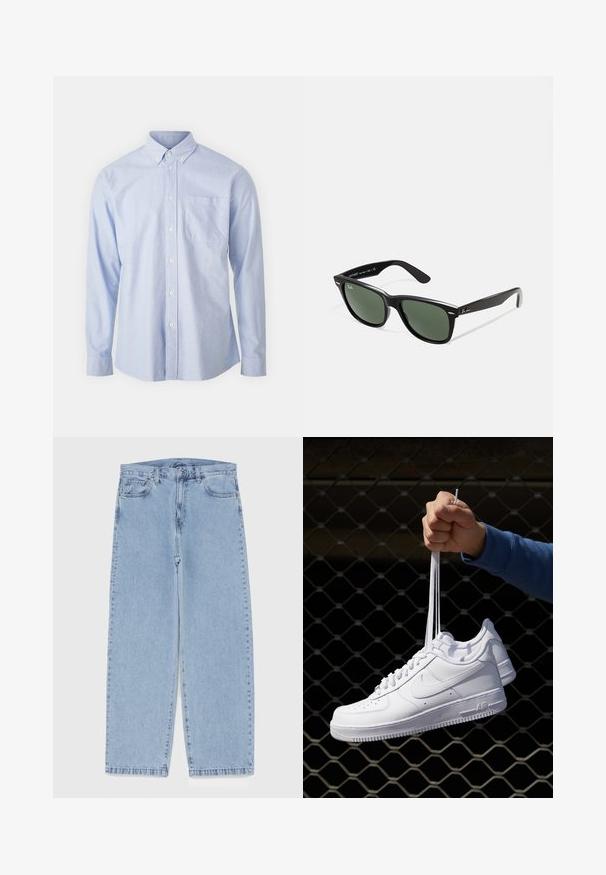 Zwarte leren jack met een gladde textuur, met kraag, een ritssluiting aan de voorkant en twee zijzakken met rits. Eenvoudig, gestructureerd ontwerp.; Blauwe button-up blouse gemaakt van lichte stof, met een puntkraag, lange mouwen en een enkele borstzak.; Witte katoenen tanktop met een ronde halslijn, brede schouderbanden en een rechte zoom, met een gladde textuur en zonder zichtbare patronen.; Lichtblauwe denim jeans met een recht model, voorzien van een middelhoge taille, vijf zakken en een knoop- en ritssluiting.; Witte leren sneakers met perforaties, ronde neus, vlakke zool en dikke veters, met een zichtbare swoosh-logo en "AIR" op de hiel.; Zwarte plastic zonnebril met groene lenzen, vierkante montuur, zilveren accent op de wenkbrauw en een gestructureerde tempel. Merken vermeld op de binnenkant van de arm.