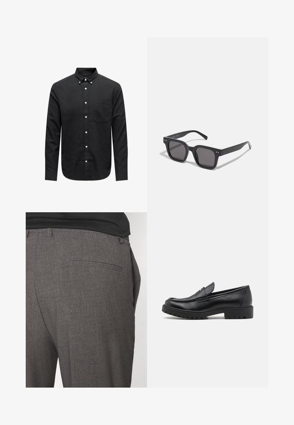 Zwarte leren jack met een gladde textuur, met kraag, een ritssluiting aan de voorkant en twee zijzakken met rits. Eenvoudig, gestructureerd ontwerp.; Zwarte button-up shirt gemaakt van geweven stof, met een puntige kraag, lange mouwen, een borstzak en witte knoopaccenten.; Zwart-witte crewneck t-shirts, korte mouwen, gemaakt van katoen, met een gladde textuur, en met branding op de halslijn.; Grijze op maat gemaakte broeken met een gladde textuur, voorzien van een enkele achterzak en een slim fit ontwerp. De stof heeft een subtiel patroon.; Zwarte leren instappers met een ronde neus, slip-on ontwerp en dikke rubberen zool met een gestructureerde grip. Verhoogde hak en subtiele stikdetails.; Zwarte rechthoekige zonnebril met donkere lenzen, voorzien van een dik montuur, subtiele accenten aan de zijkanten en zonder zichtbare logo's behalve de merknaam.; Canvas draagtas in lichtbeige met twee stevige handvatten, contrasterende witte afwerking en het logo "THE NORTH FACE" in het zwart aan de voorkant.