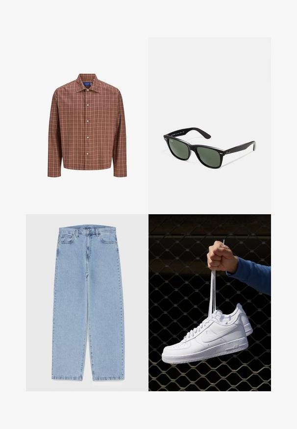 Giacca in pelle nera con texture liscia, colletto, zip frontale e due tasche laterali con zip. Design semplice e strutturato.; Camicia a quadri rossi e marroni con colletto a punta, maniche lunghe e bottoni bianchi, realizzata in tessuto leggero e texturizzato.; Jeans in denim azzurro chiaro con design a gamba dritta, caratterizzati da una vita media, cinque tasche e chiusura con bottone e zip.; Sneakers in pelle bianca con perforazioni, punta rotonda, suola piatta e lacci spessi, con logo swoosh visibile e "AIR" sul tallone.; Occhiali da sole in plastica nera con lenti verdi, montatura quadrata, dettaglio argento sulla parte superiore e steli con texture. Marchio indicato sulla parte interna dello stelo.