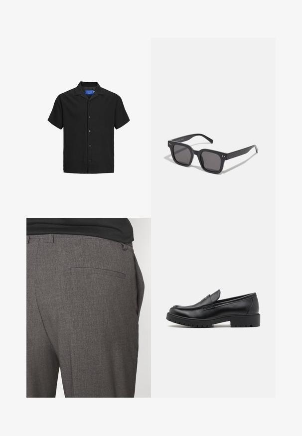 Veste en cuir noir au texture lisse, avec un col, fermeture éclair à l'avant et deux poches zippées sur les côtés. Design simple et structuré.; Chemise noire à manches courtes avec col, en tissu texturé, dotée d'une fermeture à boutons sur le devant et d'un ourlet droit. Étiquette de logo à l'intérieur du col.; Pantalons tailleur gris avec une texture douce, dotés d'une poche arrière unique et d'une coupe slim. Le tissu présente un motif subtil.; Mocassins en cuir noir avec un bout arrondi, un design à enfiler et une semelle en caoutchouc épaisse avec une texture antidérapante. Talon surélevé et détails de surpiqûre subtils.; Lunettes de soleil noires rectangulaires avec des verres foncés, arborant une monture épaisse, des accents subtils sur les côtés et aucun logo visible en dehors du nom de la marque.; Sac fourre-tout en toile beige clair avec deux poignées robustes, bord blanc contrastant et logo "THE NORTH FACE" en noir à l'avant.