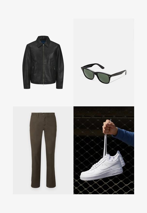 Black leather jacket with a smooth texture, collared neckline, front zipper, and two side zippered pockets. Simple, structured design.; White cotton tank top with a round neckline, wide shoulder straps, and a straight hem, featuring a smooth texture and no visible patterns.; Dark brown pants made of cotton blend. Features a button closure, straight leg design, and subtle texture with no visible patterns or embellishments.; White leather sneakers with perforations, round toe, flat sole, and thick laces, featuring a visible swoosh logo and "AIR" on the heel.; Black plastic sunglasses with green lenses, square frames, silver accent on the brow, and textured temple arms. Stated brand on inner arm.