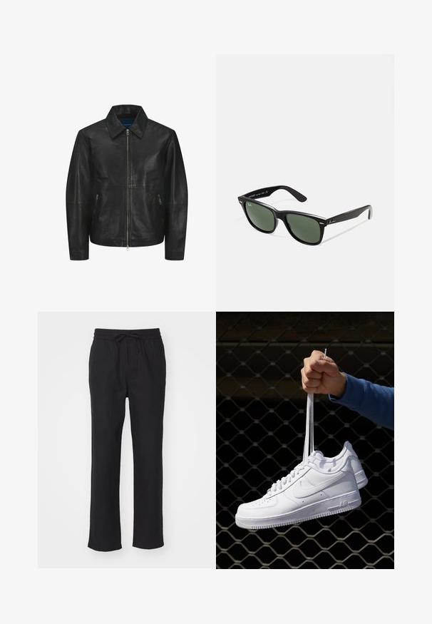 Fekete bőrdzseki sima felülettel, galléros nyakkal, elülső cipzárral és két oldalsó cipzáras zsebbel. Egyszerű, letisztult dizájn.; Fehér pamut ujjatlan felső kerek nyakkivágással, széles vállpántokkal és egyenes szegéllyel, sima textúrával, látható minták nélkül.; Fekete, egyenes szabású nadrág puha anyagból, rugalmas derékkal és állítható zsinórral. Zsebek vagy látható minták nincsenek rajta.; Fehér bőr sportcipők perforációval, kerek orral, lapos talppal és vastag fűzőkkel, látható swoosh logóval és "AIR" felirattal a sarokrészen.; Fekete műanyag napszemüveg zöld lencsékkel, négyzet alakú kerettel, ezüst díszítéssel a keret felső részén, valamint texturált szárakkal. A márka neve a belső száron található.