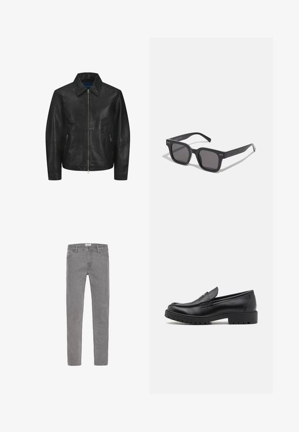 Musta nahkatakki, jossa on sileä pinta, kauluksellinen kaula-aukko, etujakaja ja kaksi sivussa olevaa vetoketjullista taskua. Yksinkertainen, rakenteellinen muotoilu.; Mustat ja valkoiset crew-neck t-paidat, lyhyet hihat, valmistettu puuvillakankaasta, sileä pinta, jossa brändäys kaula-aukossa.; Harmaat suoralahkeiset farkut. Ominaisuuksiin kuuluu viisi taskua, vyölenkit ja etukappaleen nappisuljenta. Sileä pinta, minimalistinen design.; Mustat nahkakengät, joissa on pyöreä varvas, kenkien helposti liukuvat mallit ja paksu kumipohja, jossa on teksturoitu pito. Korotettu kanta ja hillityt ompeluyksityiskohdat.; Mustat suorakulmaiset aurinkolasit tummilla linsseillä, joissa on paksu kehys, hienovaraiset yksityiskohdat sivuilla, eikä näkyviä logoja brändin nimen lisäksi.; Kankaan kantokassi vaaleassa beigevärissä, jossa on kaksi tukevata kahvaa, kontrastivalkoinen reunus ja logo "THE NORTH FACE" mustalla etupuolella.